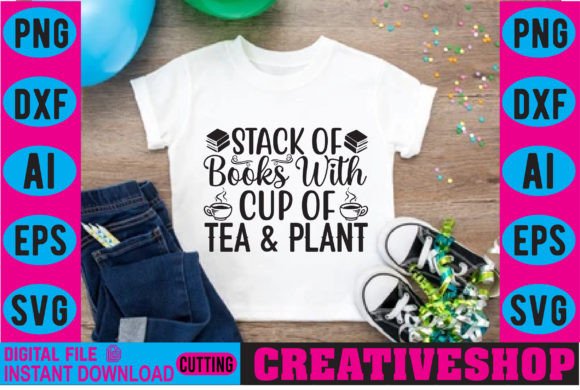 Stack of Books with Cup of Tea Plant: A Cozy T-Shirt Graphic